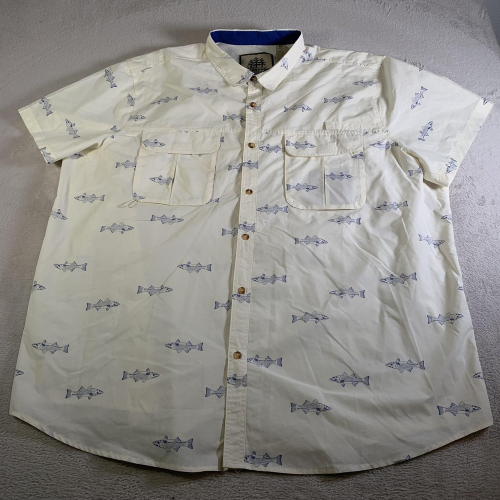 Tallwoods Shirt Mens 4XLT White Fish Print Short Sleeve Button Up Fishing‎ Tall